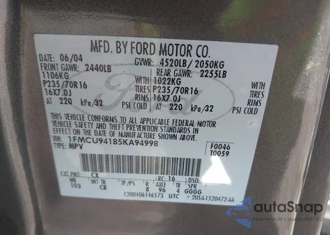 2005 Ford Escape Limited from USA, damaged, VIN 1FMCU94185KA94998